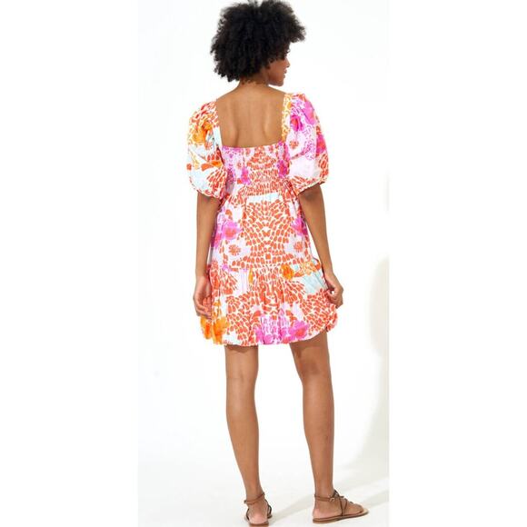 OLIPHANT Bubble Skirt Mini Cotton Smocked Dress Antigua Orange Print Tuckernuck - Picture 2 of 7
